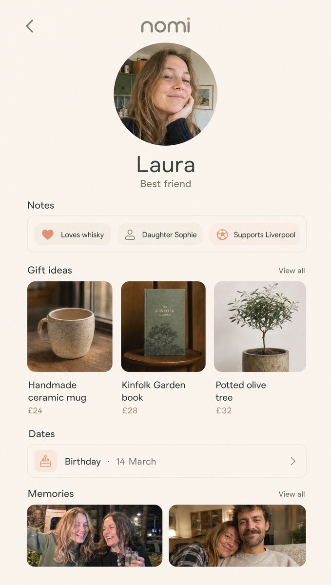 nomi: a person profile with notes and gift ideas