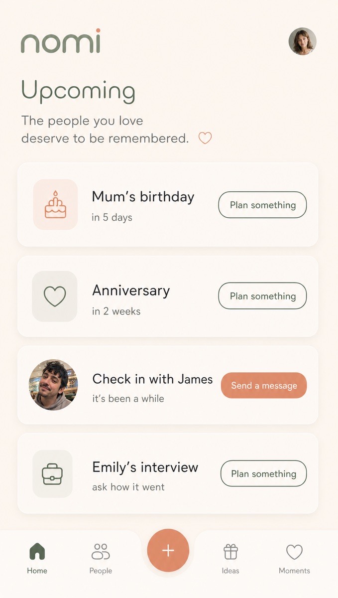 nomi: upcoming reminders and moments