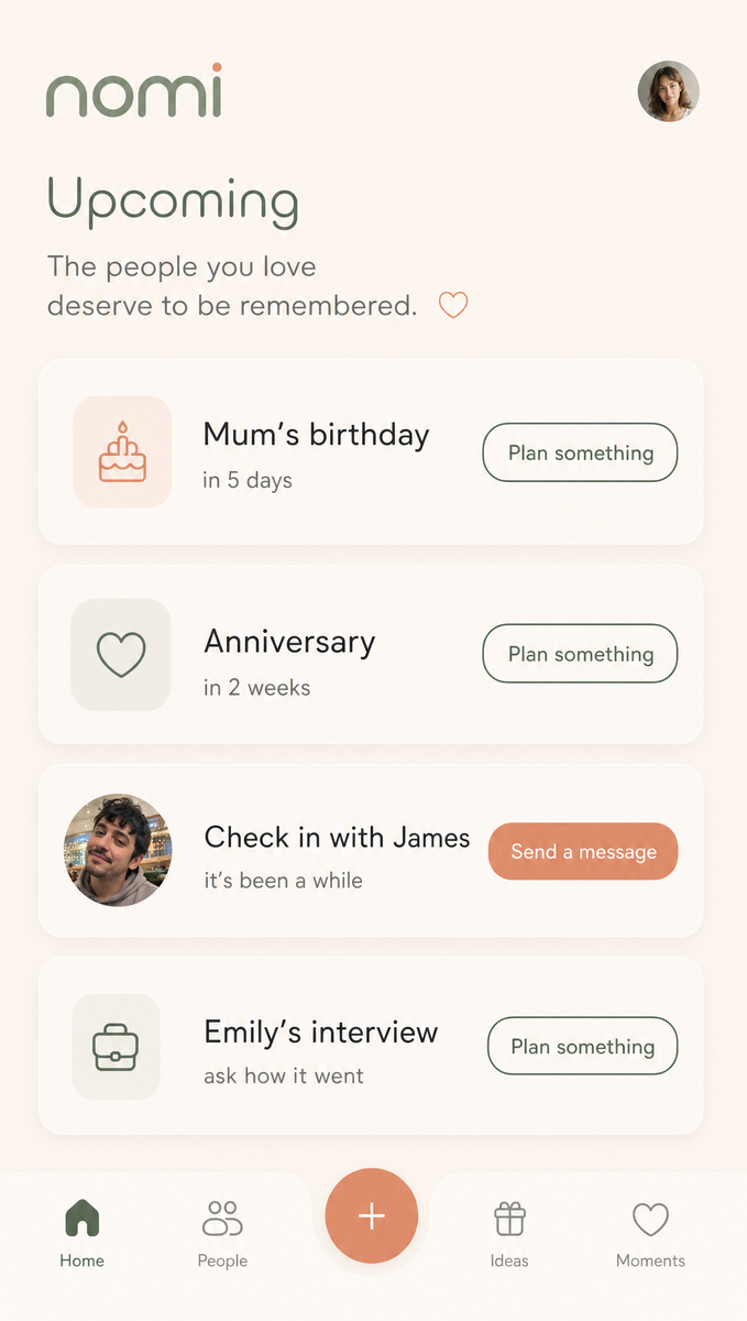 nomi: upcoming reminders and moments