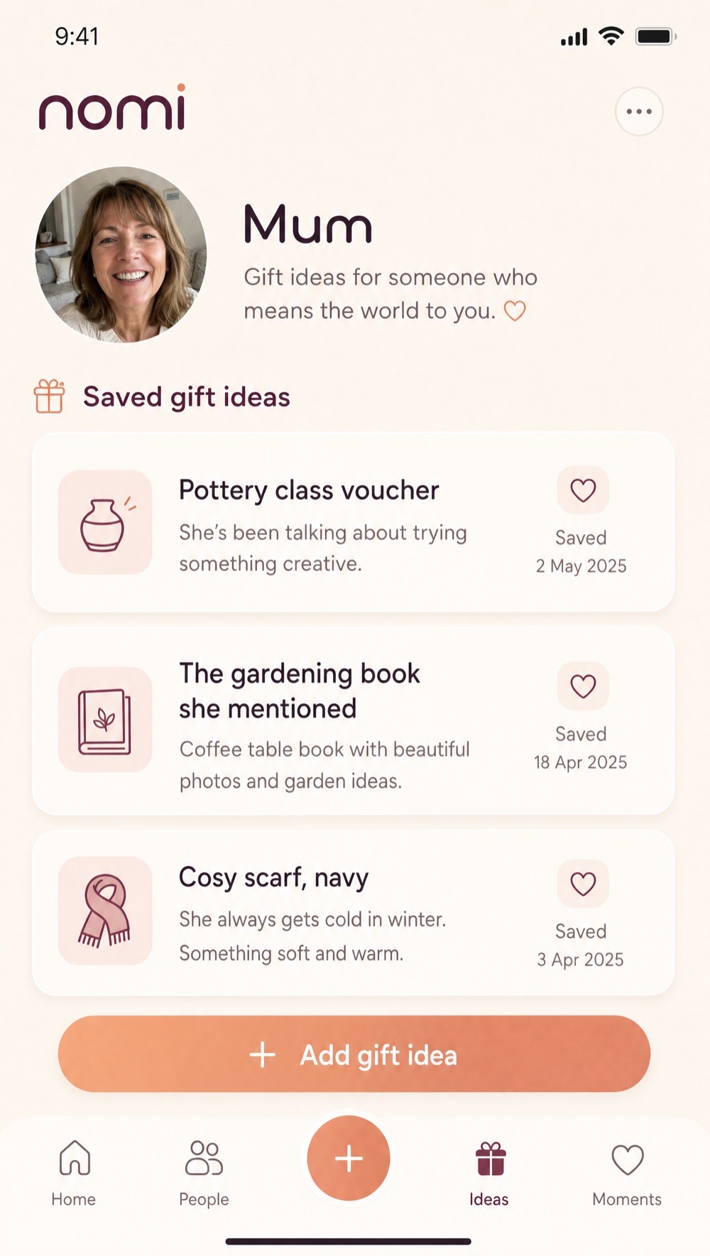nomi: a saved gift-ideas vault for a person